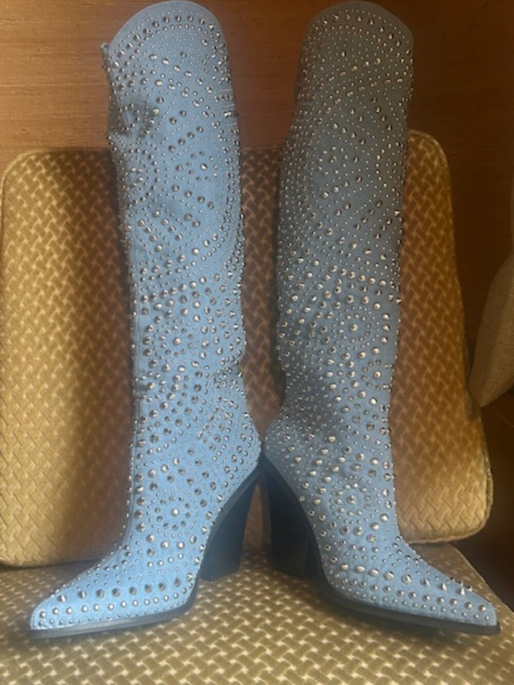 Azalea Wang Texas Studded Denim Pull On Cushioned Wedge Cut Heel Cowboy Boot NEW - Picture 6 of 16